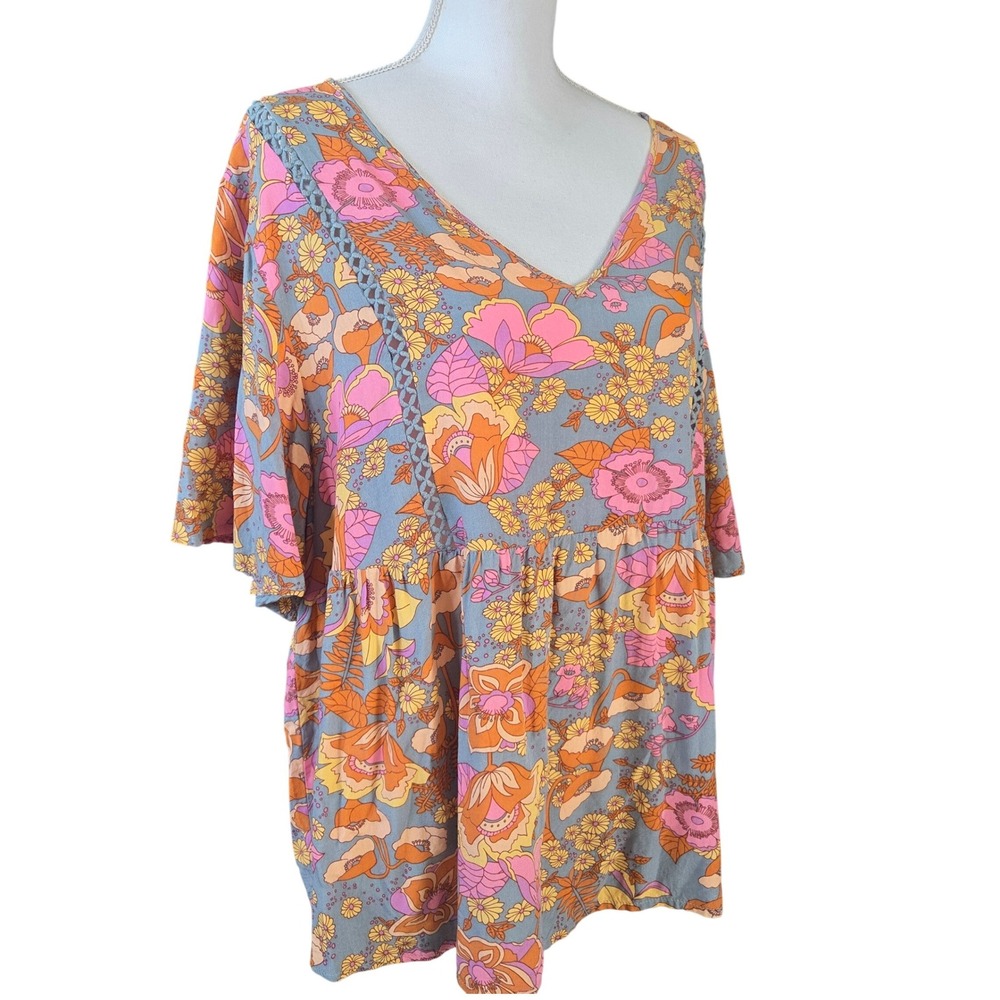 Rusttydustty Boho Floral Babydoll Top 2XL V-Neck Flutter Sleeve Pink Orange Grey